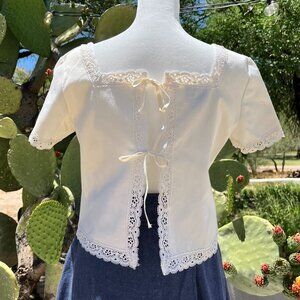 Vintage LANZ Tie-Back Cotton Top with Lace Edging